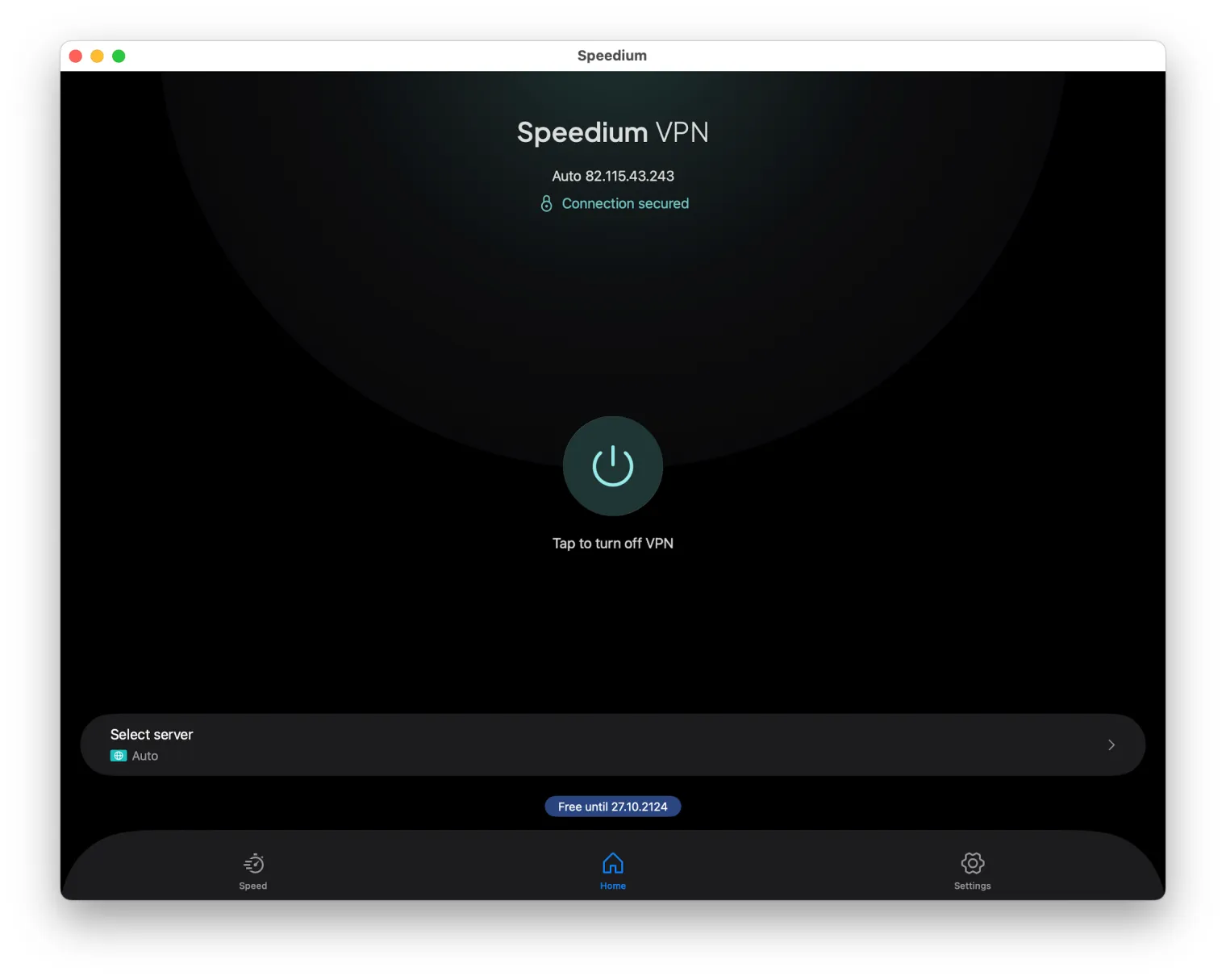 Speedium VPN connected on Mac