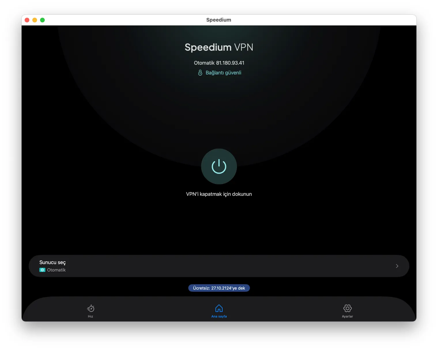 Speedium VPN Mac'te bağlı