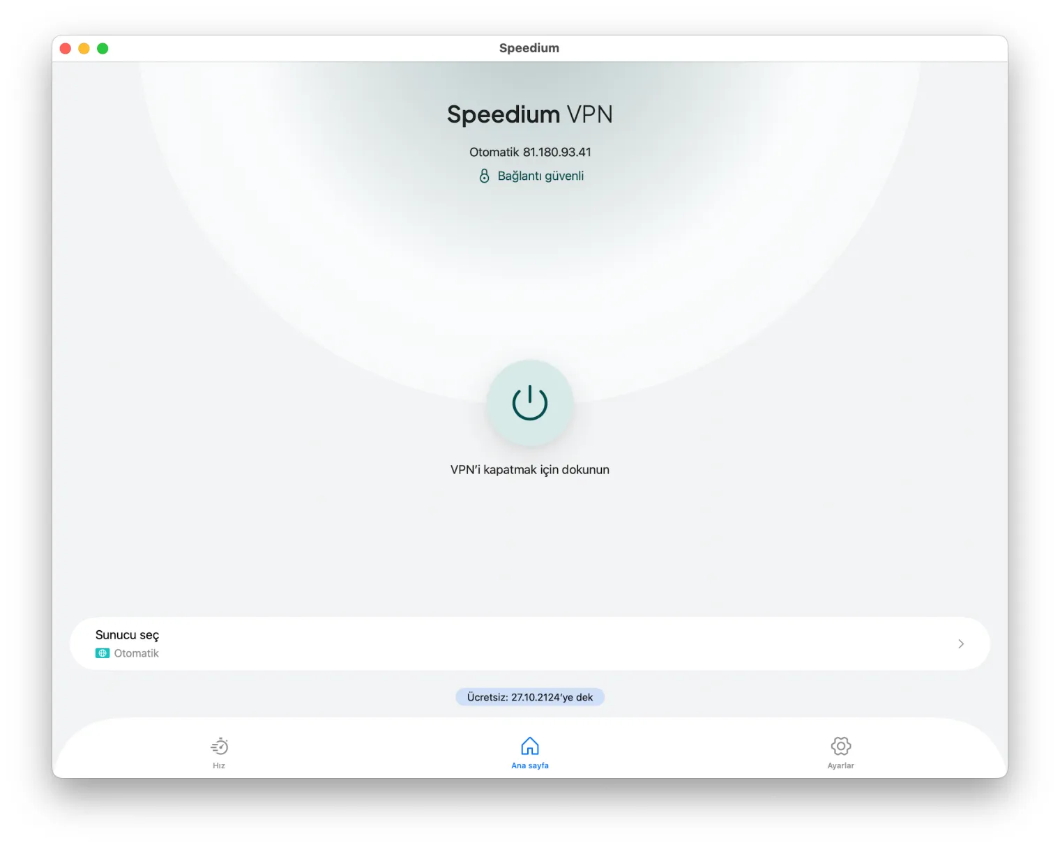 Speedium VPN Mac'te bağlı