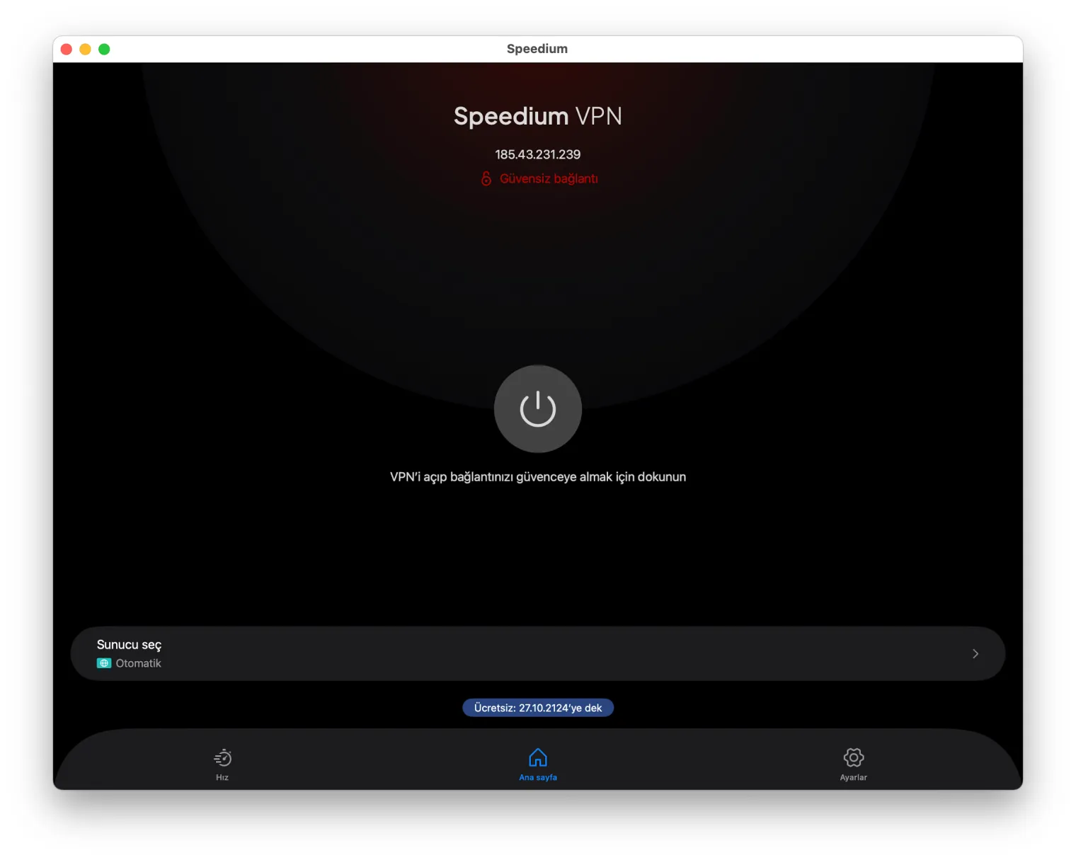 Bağlanmadan önce Speedium VPN Mac