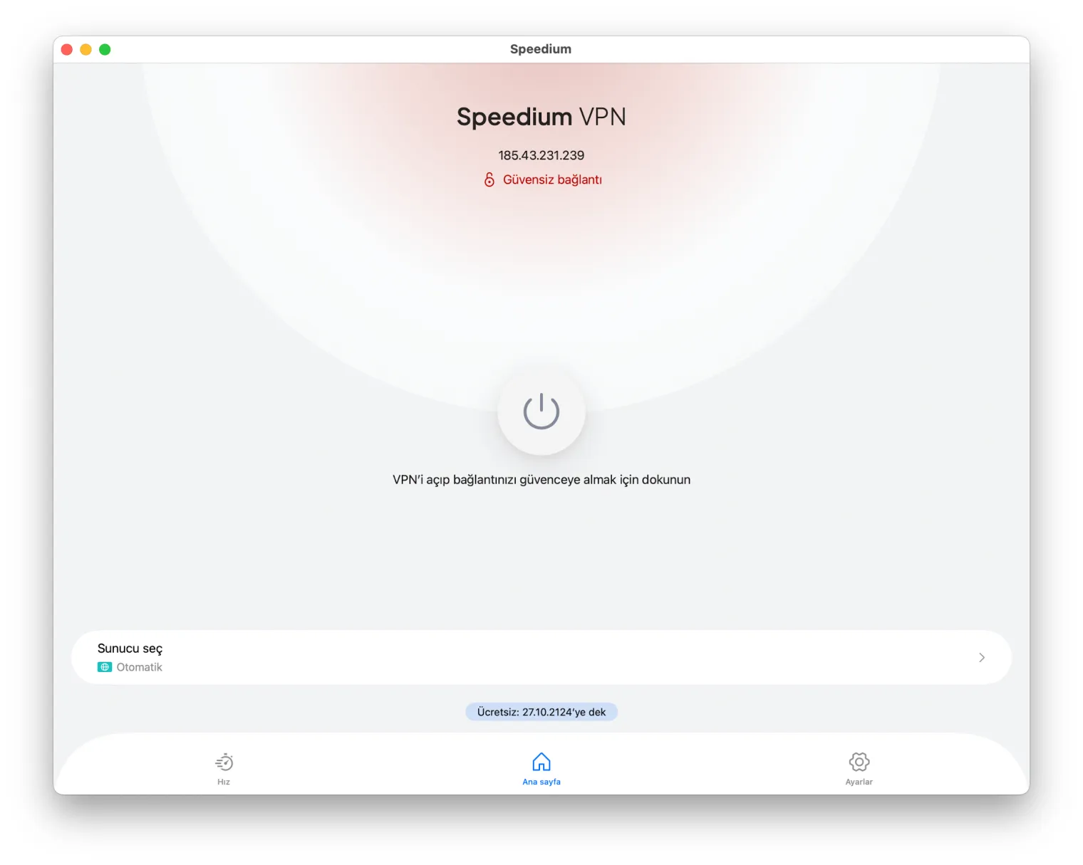 Bağlanmadan önce Speedium VPN Mac