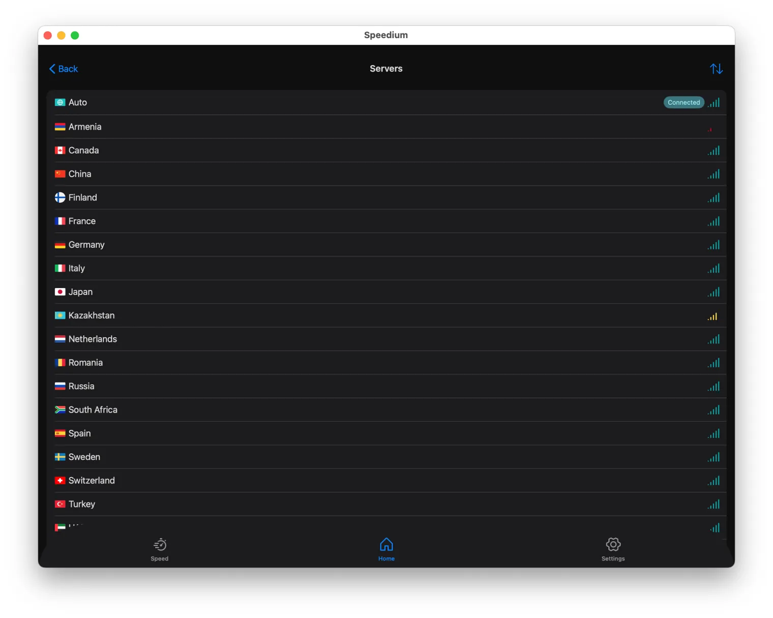 Speedium VPN server list on Mac