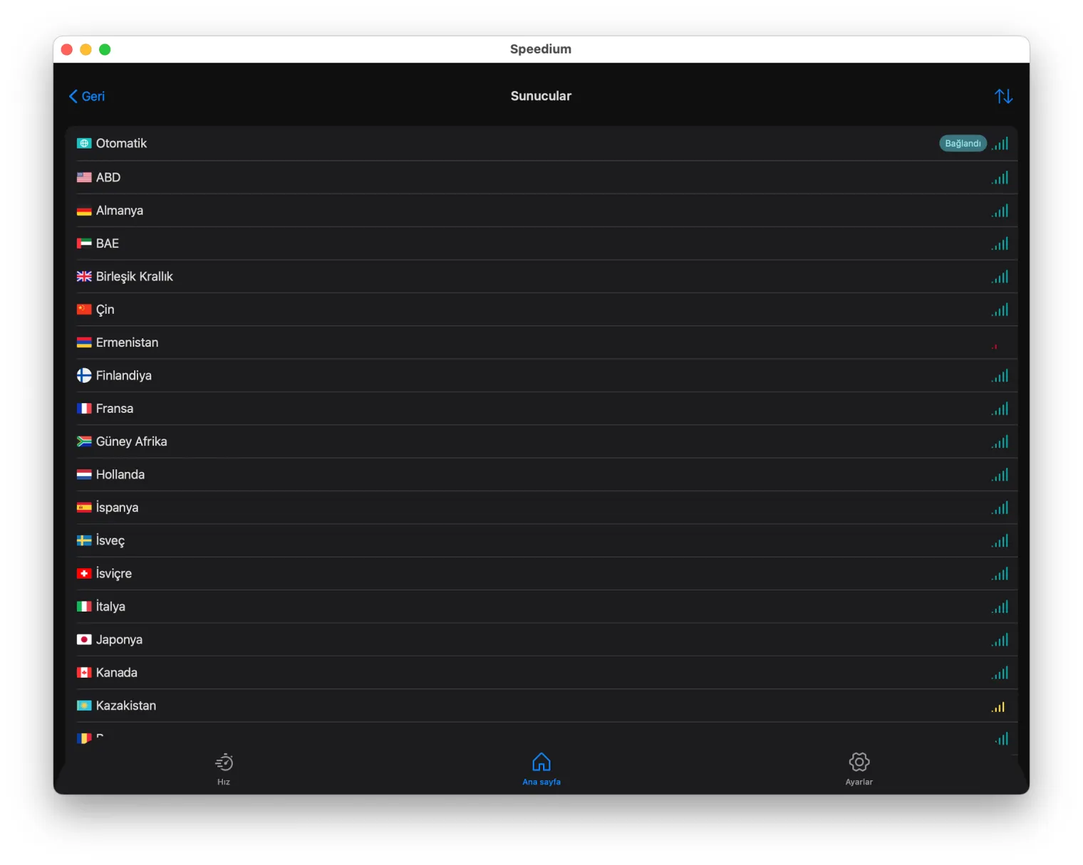 Speedium VPN Mac sunucu listesi