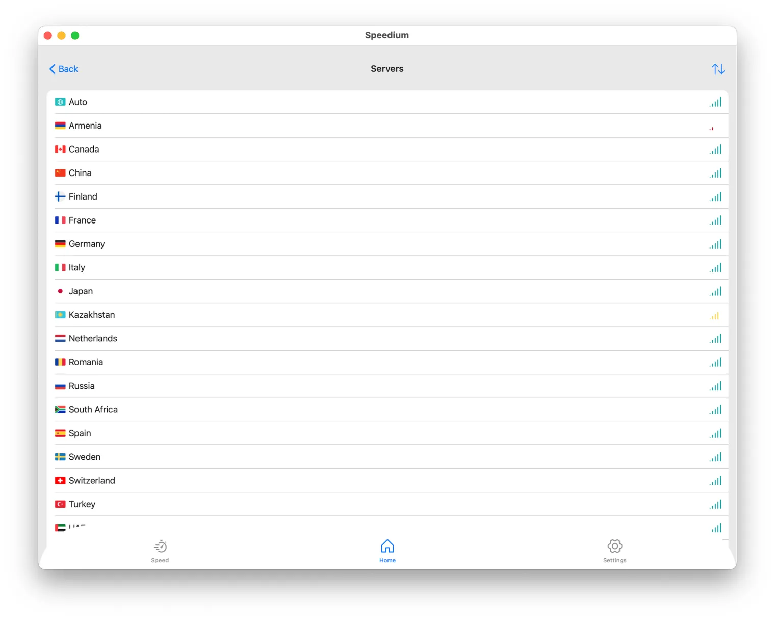 Speedium VPN server list on Mac