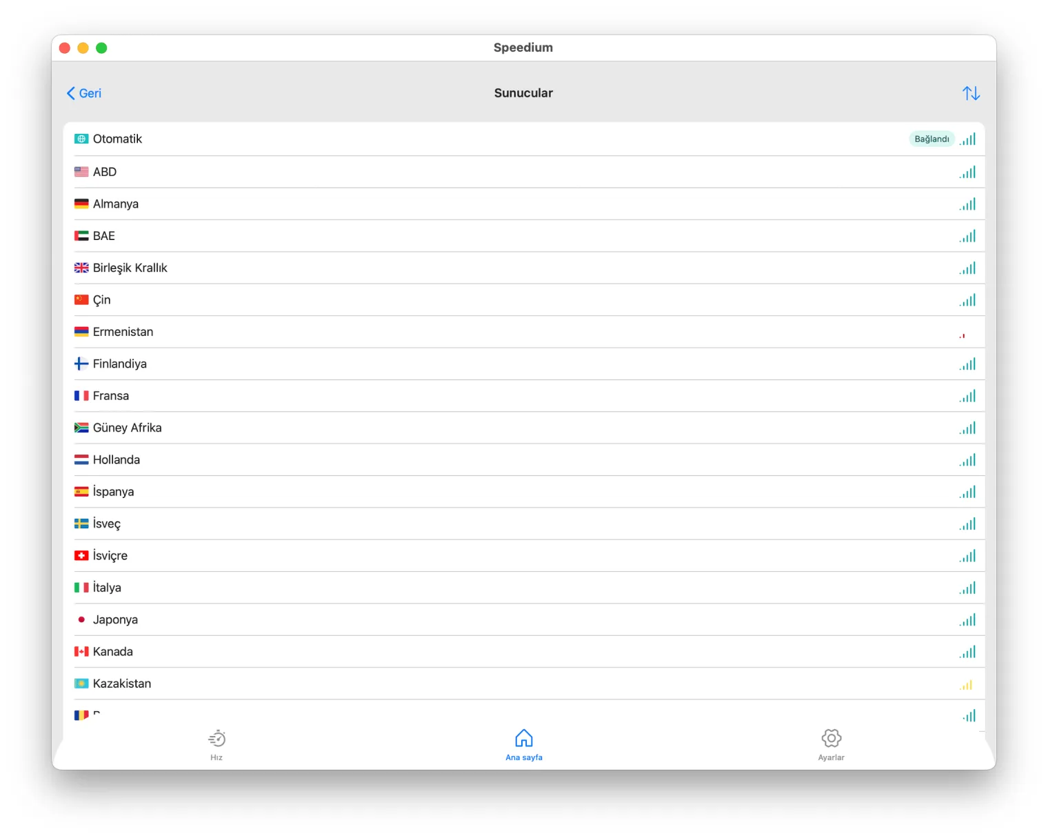Speedium VPN Mac sunucu listesi