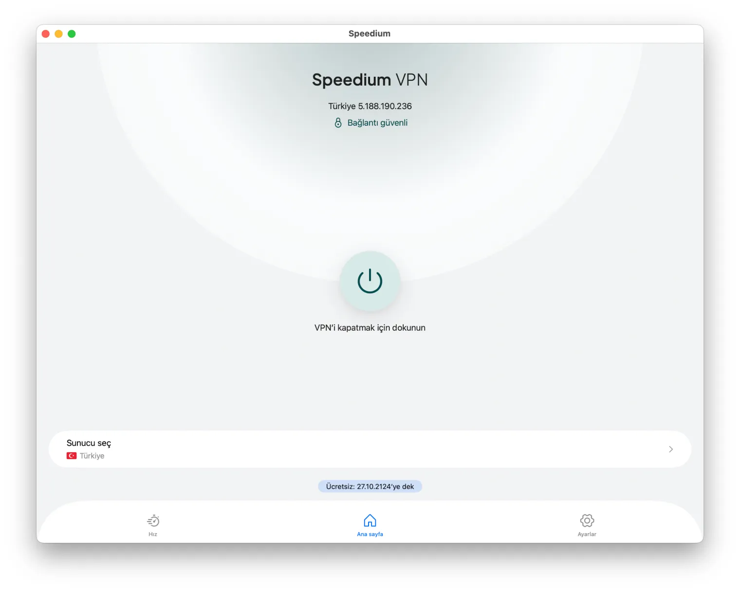 Speedium VPN uygulaması Türkiye sunucusuna bağlı: Türk IP adresi ve güvenli bağlantı